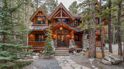Fototapeta premium Picture a cozy mountain lodge with a log exterior, stone accents, and a large deck.