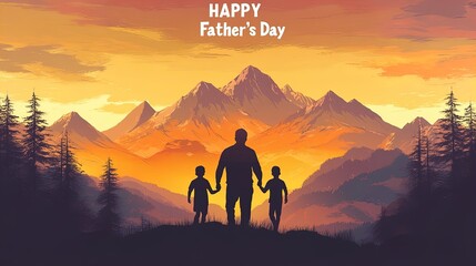 Father's Day Illustration with Silhouette of Father and Two Children Against Mountain Sunset for Greeting Cards