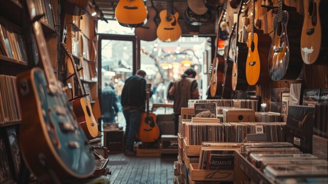 Picture a cozy music store, with guitars hanging on the walls and vinyl records stacked in crates.