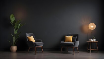 Fototapeta premium Black wall living room interior with chair and wall decor, Black wall room, Yellow sofa, black sofa, frame on wall, yellow sofa black wall, black living room, living room image, chair living room,