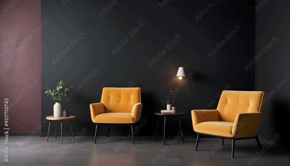 Sticker Black wall living room interior with chair and wall decor, Black wall room, Yellow sofa, black sofa, frame on wall, yellow sofa black wall, black living room, living room image, chair living room,