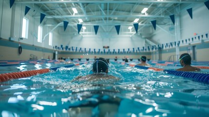 Picture a high school swim team practice where students swim laps and refine their techniques.