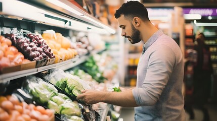 A young man carefully selects produce from a refrigerated display case at the grocery store.