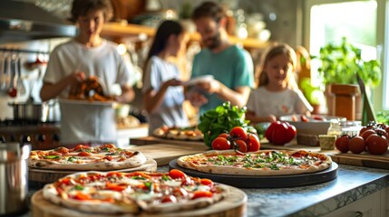 Picture a lively kitchen during a family gathering. Multiple pizzas are being prepared and baked, with laughter and conversation filling the air, creating a warm and joyful atmosphere.