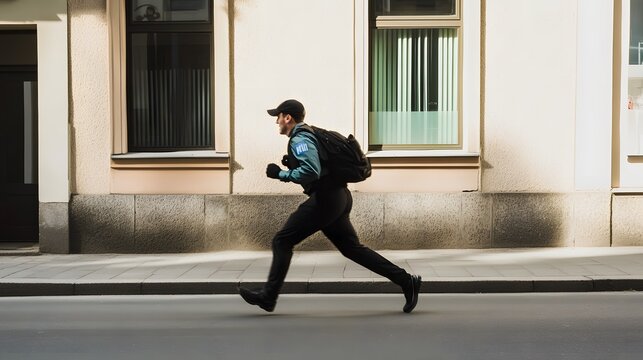 A man in a blue jacket runs down the sidewalk in front of a building. He is wearing a black backpack and a black baseball cap. - Powered by Adobe