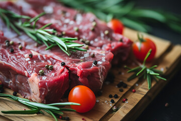 Raw steaks on a wooden board