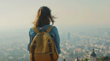 A person with a yellow backpack gazes over a sprawling cityscape at dawn, evoking a sense of exploration and future possibilities.