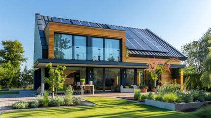 Obraz premium Picture a modern eco-friendly house in the UK with solar panels, green roofing, and large glass windows.