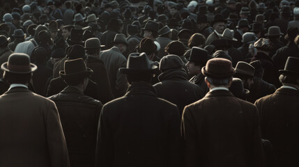 Fototapeta premium A multitude of people wearing dark-colored coats and hats, converging in a crowded space with a sense of anonymity and mystery.