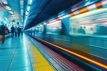 A fast motion blur train with glowing lines passing by people silhouette subway platform, underscoring vibrant city