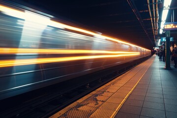 A fast motion blur train with glowing lines passing by people silhouette subway platform, underscoring vibrant city