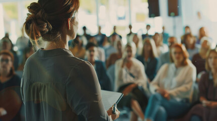 Fototapeta premium Woman presenting to an attentive audience in a well-lit conference room, holding a tablet.