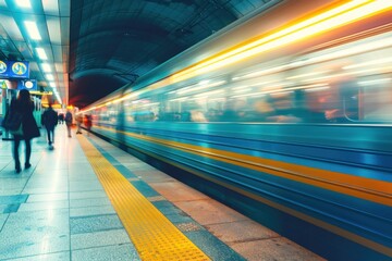 A fast motion blur train with glowing lines passing by people silhouette subway platform, underscoring vibrant city