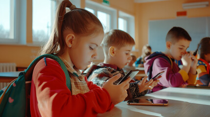 Children intensely focused on their smartphones in a classroom setting, completely absorbed in their devices, under warm sunlight streaming through windows.