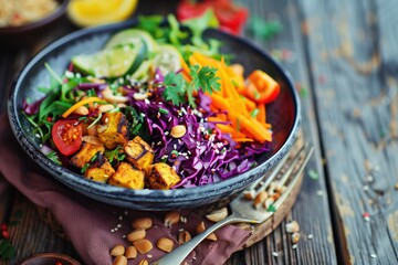 Vibrantly arranged vegan dish featuring fresh vegetables and tofu on a rustic wooden table