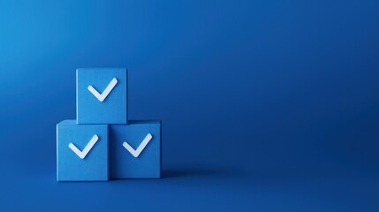Three blue cubes with check marks on dark blue background representing business performance checklist, focus on task completion, success in evaluation