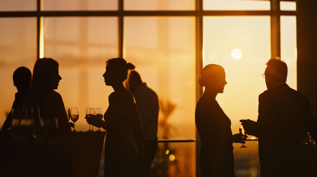 Silhouettes of people mingling and chatting over drinks in front of large windows, bathed in warm sunset light at an elegant social gathering.