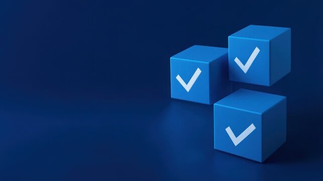 Three blue cubes with check marks on dark blue background showing business performance checklist, evaluating tasks and goals, business planning