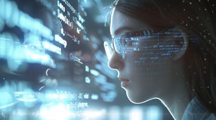 A woman wearing glasses examines digital code reflected on a screen, signifying focus and concentration in a high-tech environment.