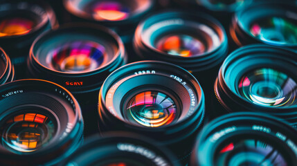 A vivid collection of camera lenses, each reflecting a spectrum of colors, artfully arranged side by side, creating an eye-catching display.