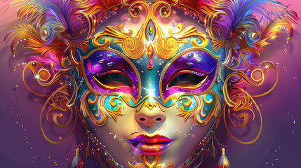 Mardi Gras carnival mask with green, purple and gold colors. Mardi Gras carnival background with a decorative mask. Mardi Gras carnival mask with colorful feathers on dark background. Copy space area 