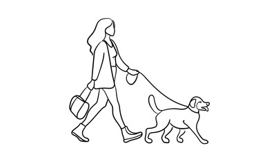 Girl walking with dog continuous line art drawing isolated on white background. Friend line art drawing. Vector illustration