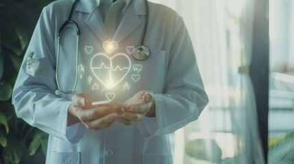 A doctor in a white coat holds a glowing heart hologram, symbolizing modern health technology and compassionate care in a clinical setting.