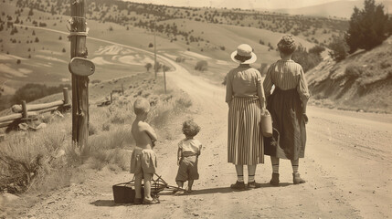 Retro photo depicting a mother and her children taking a break during a road trip.

