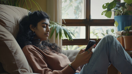 Obraz premium A young woman in a casual outfit leisures in a cozy room with plants, attentively using her smartphone.