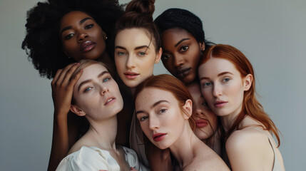 Obraz premium A diverse group of women embraces in a powerful, united pose, celebrating beauty, strength, and diversity in a compelling portrait.