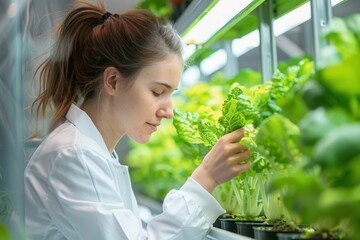 Obraz premium Agronomist Inspecting Hydroponic Plants. Female scientist in lab coat examining leafy greens in a hydroponic farm