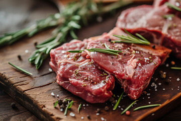 Raw steaks on a wooden board