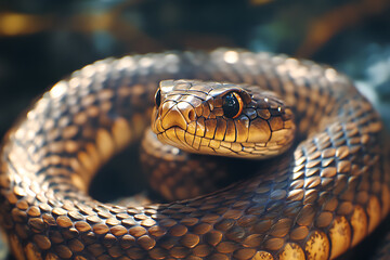Obraz premium An image of a snake coiled elegantly, showcasing its sleek scales and distinctive pattern. The scene captures the snake in a natural setting, emphasizing its graceful movement and keen focus. This ima