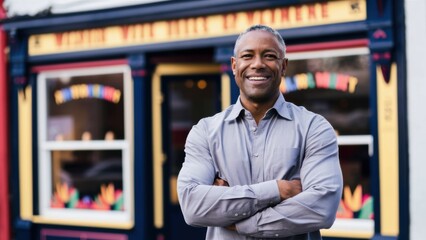 Fototapeta premium A man standing in front of a store with his arms crossed, AI