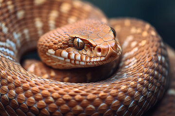 Obraz premium An image of a snake coiled elegantly, showcasing its sleek scales and distinctive pattern. The scene captures the snake in a natural setting, emphasizing its graceful movement and keen focus. This ima