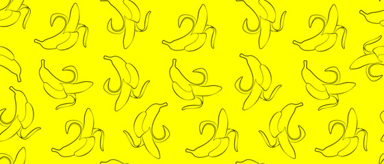 Seamless background with bananas. Outline drawings of peeled bananas on a yellow background. Line drawing. Endless background. Banana pattern, textile, art, tropical fruit