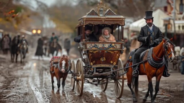 Elegant Horse-Drawn Carriage in Lively 1800s Street with Historical Charm