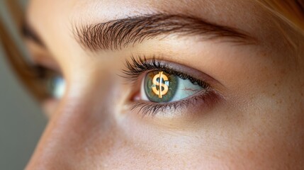 Fototapeta premium Dollar sign reflected in a woman's eye, with a close-up focus on the eye and the glint of the symbol.