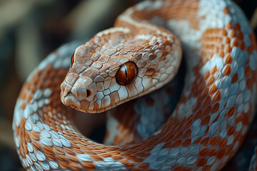Fototapeta premium An image of a snake coiled elegantly, showcasing its sleek scales and distinctive pattern. The scene captures the snake in a natural setting, emphasizing its graceful movement and keen focus. This ima