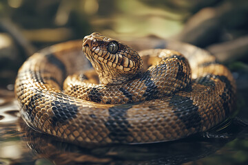 Obraz premium An image of a snake coiled elegantly, showcasing its sleek scales and distinctive pattern. The scene captures the snake in a natural setting, emphasizing its graceful movement and keen focus. This ima