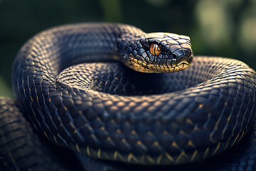 Obraz premium An image of a snake coiled elegantly, showcasing its sleek scales and distinctive pattern. The scene captures the snake in a natural setting, emphasizing its graceful movement and keen focus. This ima