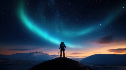 Fototapeta premium Aurora Australis or Aurora Borealis featuring a hiker's silhouette