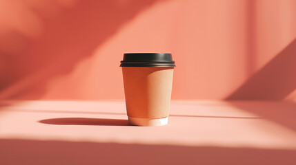 This mockup features a paper cup with a black lid on a warm coral backdrop. Ideal for showcasing coffee shop logo design or branding in a modern style