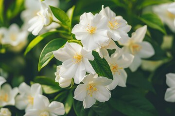 Blooming jasmine shrub in June. Jasmine flowers. White flowers