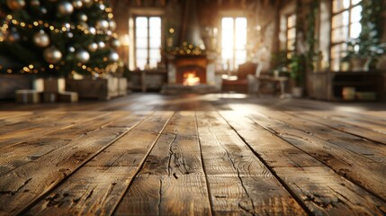  Empty Wooden Table Top with Blurred Background of Christmas Tree and Fireplace in Living Room