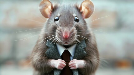 Little mouse or rat dressed in a suit with a nice tie. Fashion portrait of an anthropomorphic animal posing with a charismatic human attitude