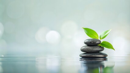 Naklejka premium Spa Stones with Green Leaf and Tranquil Background 