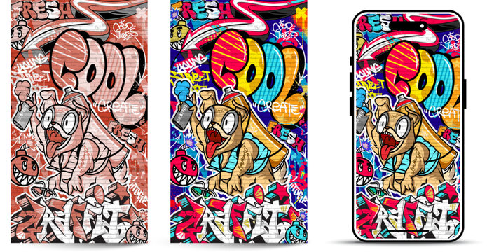 Fototapeta Graffiti wallpaper vector illustration. Vibrant and colorful street art urban graffiti illustration with scribbles, tagging, drips for wall art, wallpaper and many purposes