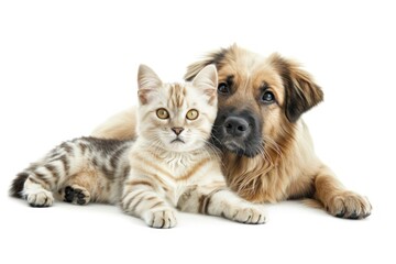 Cat and dog together isolated on white background. Close up portrait