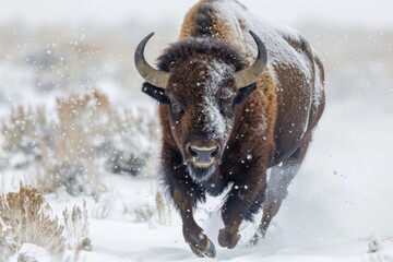 Close up buffalo bison running in the snow, national park